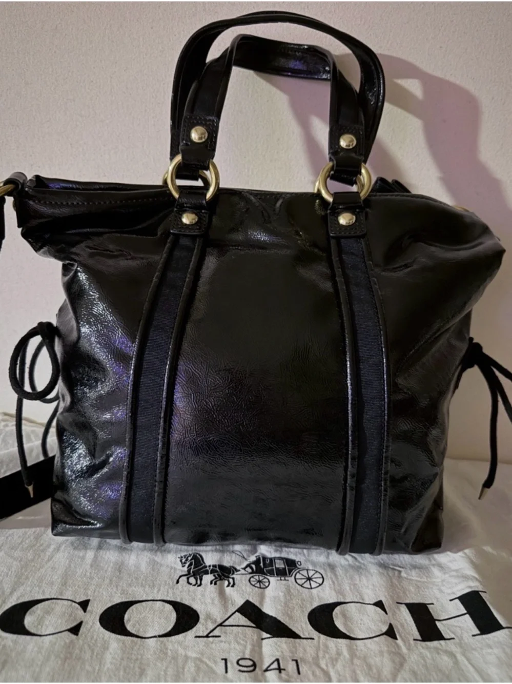 Coach Poppy Black Liquid Gloss Shoulder Bag w/ Glitter Tag & Dust Bag